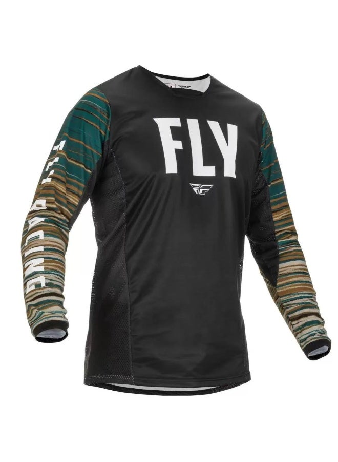 Fly Racing Black Long-Sleeve Jersey with Multi-Striped Camouflage Sleeves and "FLY" Logo