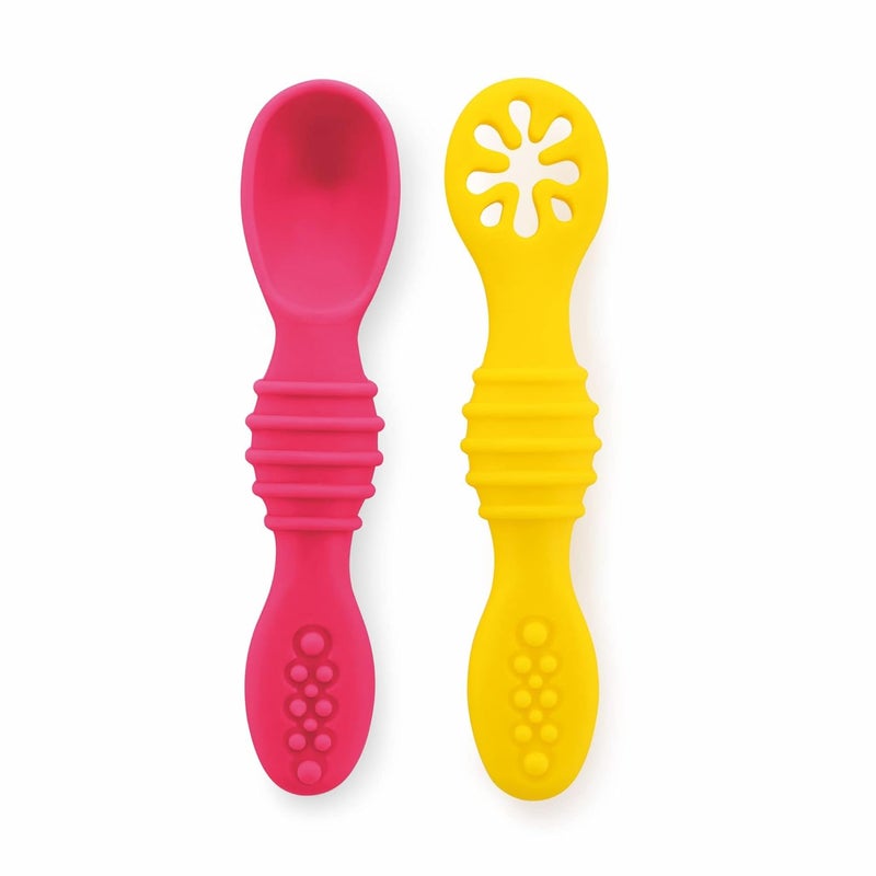 Beebaby Sumshy First Stage Silicone Baby Feeding Spoon | Dip Spoon for Baby Led Weaning | 100% BPA Free, Soft & Safe Silicone for 6+ Months Infants – Pack of 2 (Pink & Yellow) - Image 1