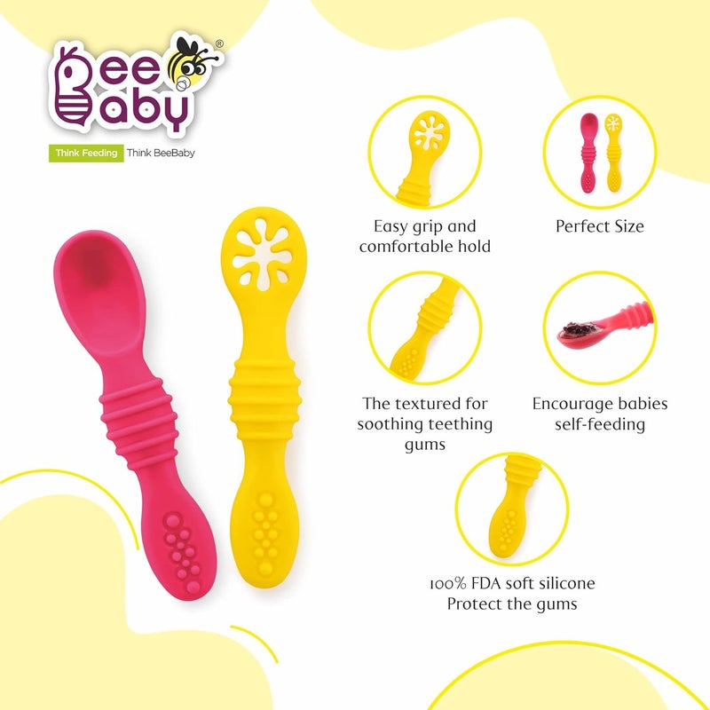 Beebaby Sumshy First Stage Silicone Baby Feeding Spoon | Dip Spoon for Baby Led Weaning | 100% BPA Free, Soft & Safe Silicone for 6+ Months Infants – Pack of 2 (Pink & Yellow) - Image 4
