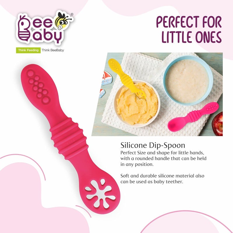 Beebaby Sumshy First Stage Silicone Baby Feeding Spoon | Dip Spoon for Baby Led Weaning | 100% BPA Free, Soft & Safe Silicone for 6+ Months Infants – Pack of 2 (Pink & Yellow) - Image 3