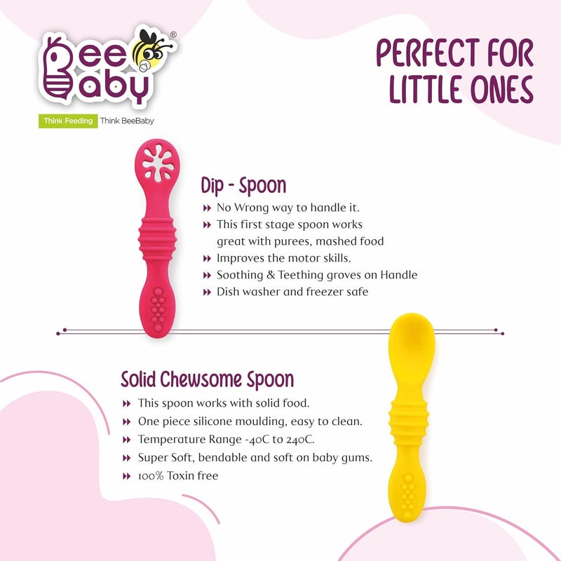 Beebaby Sumshy First Stage Silicone Baby Feeding Spoon | Dip Spoon for Baby Led Weaning | 100% BPA Free, Soft & Safe Silicone for 6+ Months Infants – Pack of 2 (Pink & Yellow) - Image 5
