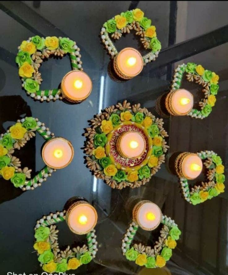 Sanvatsar Home Diwali Decorative Floral Rangoli Diya Set Handmade Tea Light Candle Designer Diyas Deepak Candles Home Decoration Tea Light Wax for puja Festival Decor