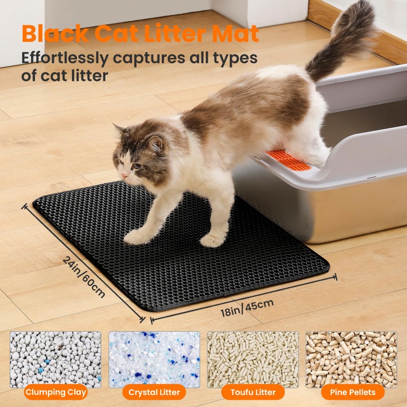 Petinstinct Cat Litter Mat, 24x18 Inches Large Double Layer Honeycomb Cat Litter Trapping Mat, Non Slip Waterproof Urine Proof Cat Litter Box Mat for Floor, Kitty Litter Rug, Cat Supplies, Black - Image 2