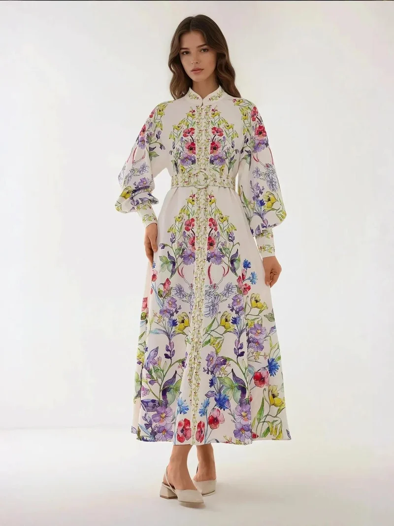 زوبعة فستان ماكسي طويل الأكمام بطبعة مع حزام