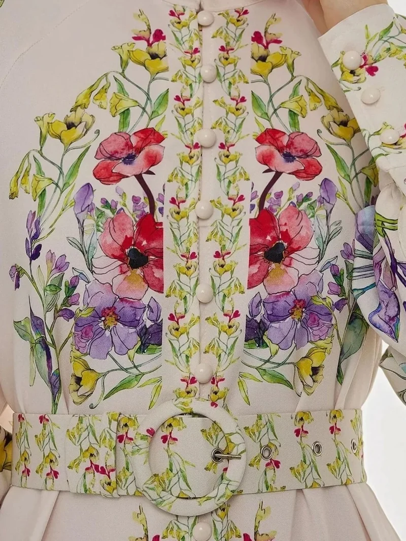 زوبعة فستان ماكسي طويل الأكمام بطبعة مع حزام