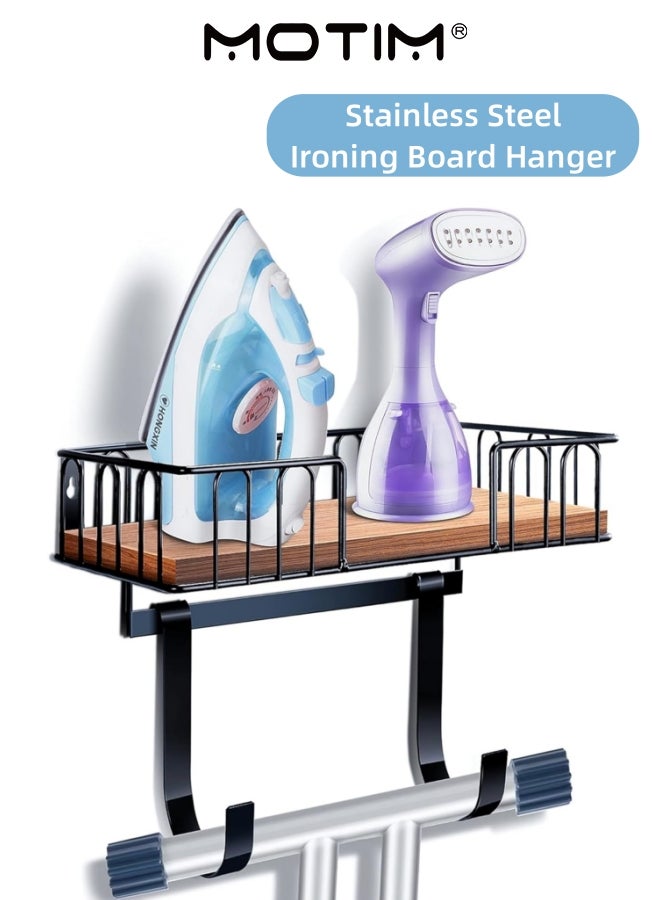 Motim Ironing Board Hanger Metal Wall Mount Iron and Ironing Board Holder With Wooden Base Basket And Adjustable Hooks For Sewing Room Bath - Image 1