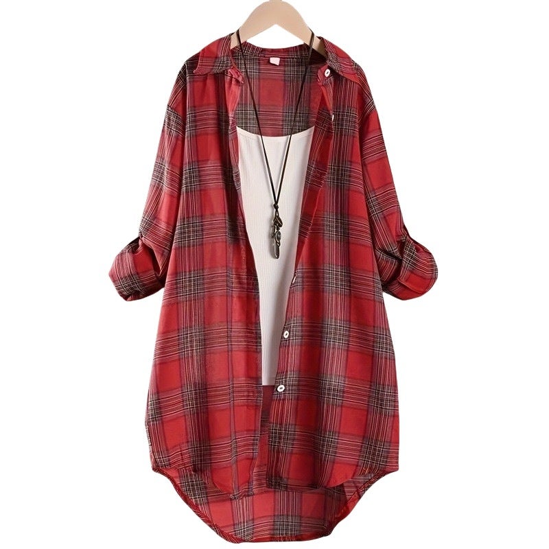 قميص نسائي طويل الأكمام من القطن والكتان بتصميم مربعات، عابر للحدود، مبيع ساخن، كاجوال وأنيق، جاكيت فضفاض طويل - Image 2