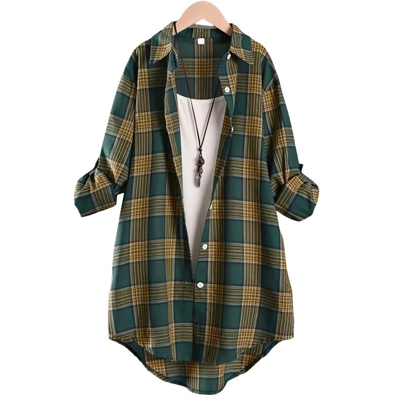 قميص نسائي طويل الأكمام من القطن والكتان بتصميم مربعات، عابر للحدود، مبيع ساخن، كاجوال وأنيق، جاكيت فضفاض طويل - Image 5