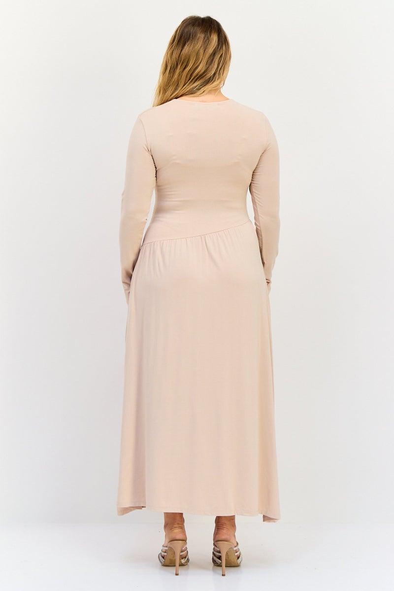 bebe Women Solid Maxi Dress, Beige  - Image 3
