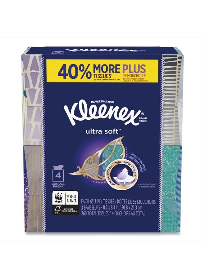 Kleenex Ultra Soft Facial Tissues, 65 Count (Pack of 4) (260 Total Tissues) 