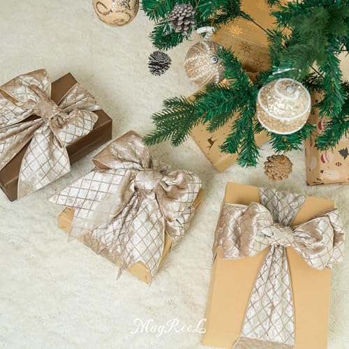 MAYREEL 4 Inch Champagne Gold Velvet Wired Ribbon Metallic Diamond Glitter Grid for Christmas Gift Wrapping Floral Craft Bows Wreaths Garland Wedding Holiday Decor 10 Yards - Image 4