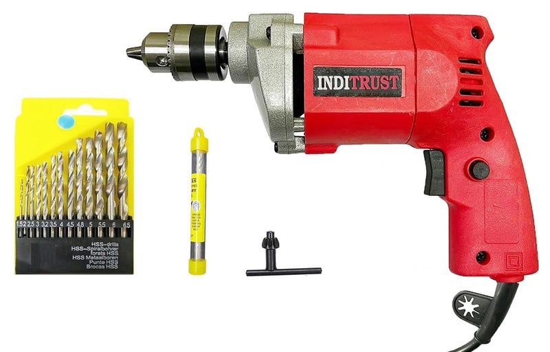 Inditrust 10mm Electric Drill Machine (RED) with 6-Months Warranty,13pcs HSS Drill Bits and 1 Masonry Bit - Image 1