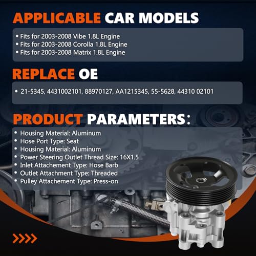 Daysyore 215345 Power Steering Pump with Pulley Fits for 2003 2004 2005 2006 2007 2008 Vibe 18L Fits for 20032008 Corolla Matrix 18L OEQuality Power Assist Pump Replace OE 4431002101 88970127 - Image 4
