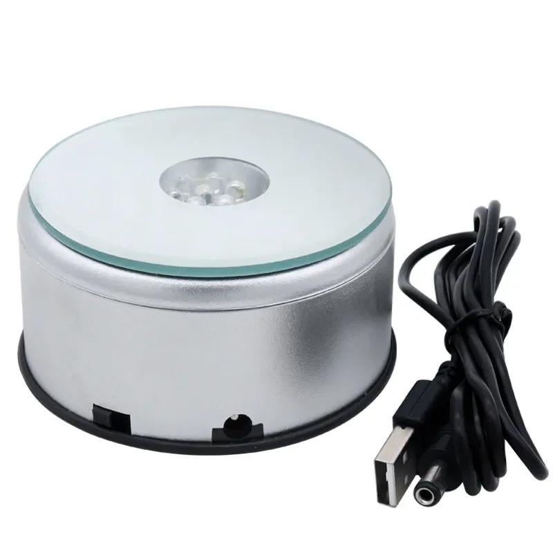 Crystal Led Lamp Holder Colorful Rotating Base Luminous Display Crystal Ornaments Handicraft Lamp Holder 3D Engraving(8cm rotating LED lamp holder, With USB cable) - Image 2