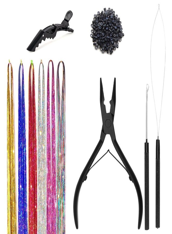 G4 VISION Hair Extension Tinsel Kit with Tools (47 Inch, 6 Colors, 1200 Strands) 100 Black Beads, Plier, Loop & Clip Fairy Glitter Sparkling Hair for Women & Grils Party Festival - Image 1