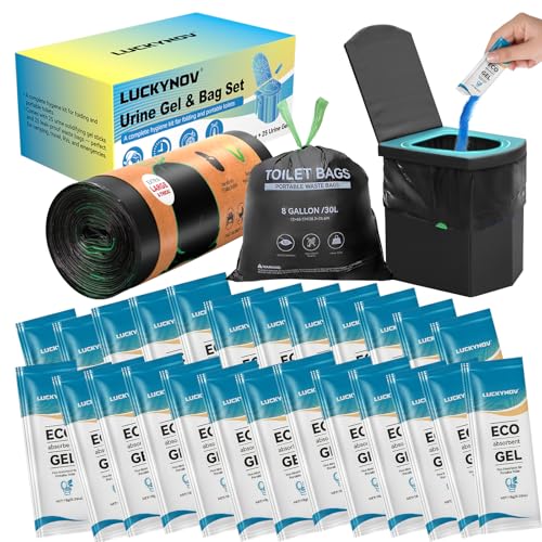 LuckyNov 25 Portable Toilet Bags with 25 Poo Gels 8 Gallon LeakProof Camping Toilet Waste Bags Absorbent Gel Value Pack for Portable Potty RV Hiking Travel Outdoor Use - Image 1