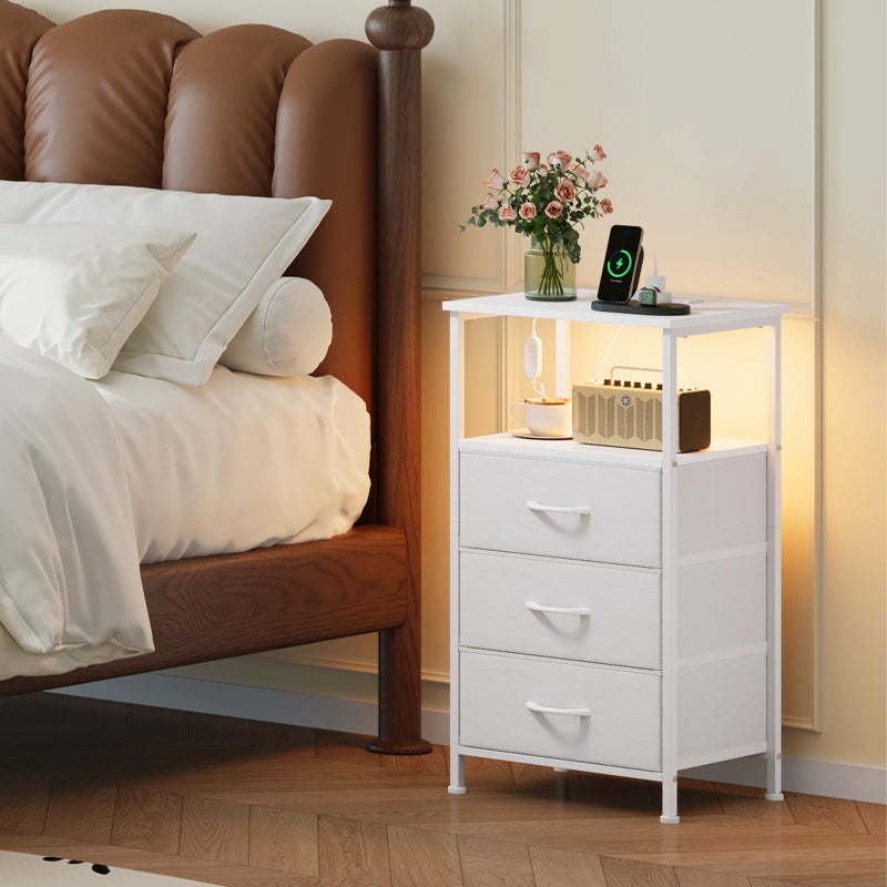 Somdot White Nightstand with Charging Station and LED Light for Bedroom, Tall 3 Drawers Dresser with Fabric Bins for Bedside Kids Dorm Room Closet Laundry Entryway, White Leather - Image 2