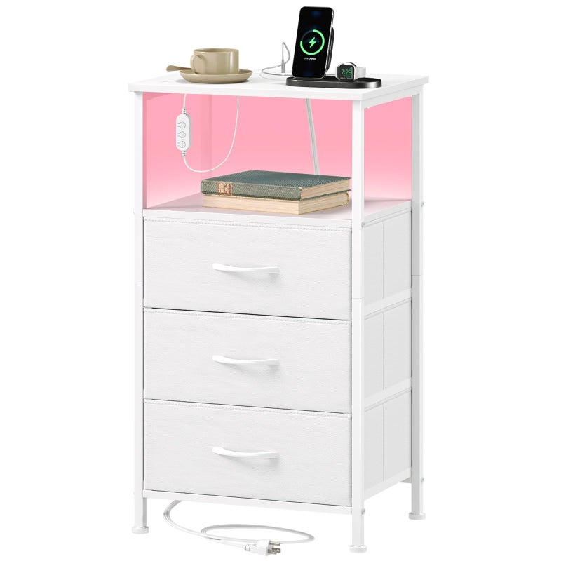 Somdot White Nightstand with Charging Station and LED Light for Bedroom, Tall 3 Drawers Dresser with Fabric Bins for Bedside Kids Dorm Room Closet Laundry Entryway, White Leather - Image 1