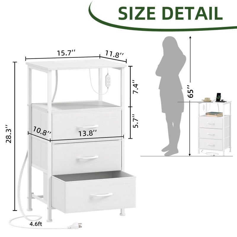 Somdot White Nightstand with Charging Station and LED Light for Bedroom, Tall 3 Drawers Dresser with Fabric Bins for Bedside Kids Dorm Room Closet Laundry Entryway, White Leather - Image 3