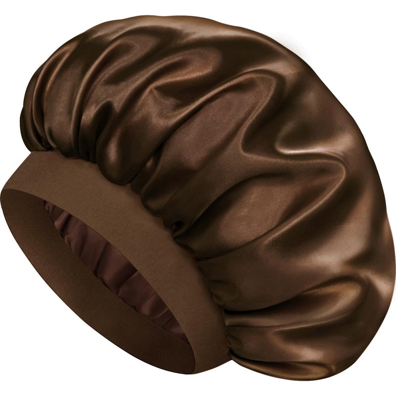 Doitory Satin Silk Bonnet for Sleeping, Double Layer Silk Sleep Cap for Men & Women, Soft Satin Lined Bonnet for Natural & Curly Hair(Dark Brown) - Image 1