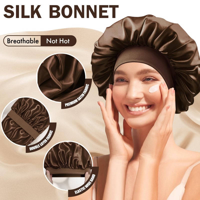 Doitory Satin Silk Bonnet for Sleeping, Double Layer Silk Sleep Cap for Men & Women, Soft Satin Lined Bonnet for Natural & Curly Hair(Dark Brown) - Image 3