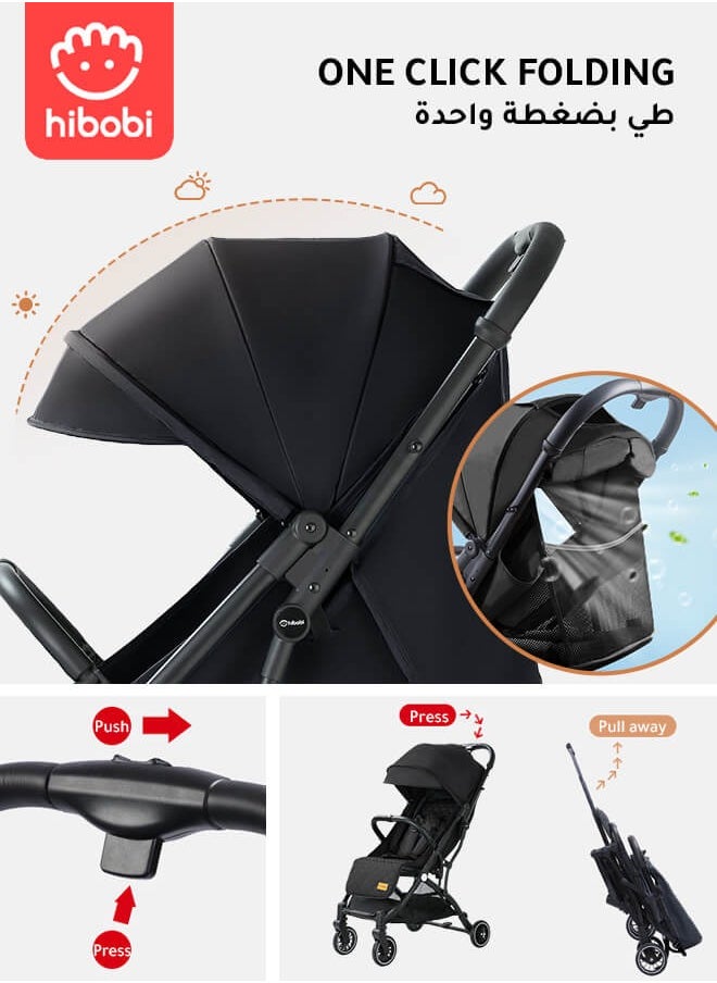 hibobi - Lightweight Travel Baby Stroller – One-Click Folding, Adjustable Backrest & Canopy, Soft Fabric, 360° Swivel Front Wheels, Suitable for 0-6 Years, Supports Up to 60KG, Black Baby Stroller, Allowed on the Plane - Image 1