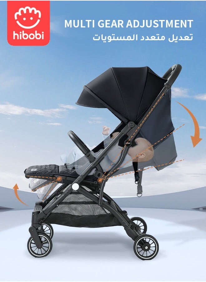 hibobi - Lightweight Travel Baby Stroller – One-Click Folding, Adjustable Backrest & Canopy, Soft Fabric, 360° Swivel Front Wheels, Suitable for 0-6 Years, Supports Up to 60KG, Black Baby Stroller, Allowed on the Plane - Image 1