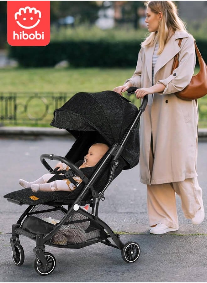 hibobi - Lightweight Travel Baby Stroller – One-Click Folding, Adjustable Backrest & Canopy, Soft Fabric, 360° Swivel Front Wheels, Suitable for 0-6 Years, Supports Up to 60KG, Black Baby Stroller, Allowed on the Plane - Image 1