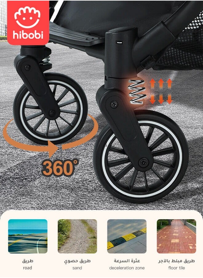 hibobi - Lightweight Travel Baby Stroller – One-Click Folding, Adjustable Backrest & Canopy, Soft Fabric, 360° Swivel Front Wheels, Suitable for 0-6 Years, Supports Up to 60KG, Black Baby Stroller, Allowed on the Plane - Image 1