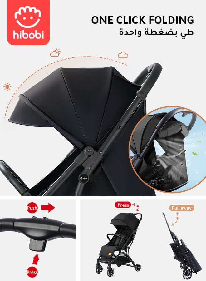 hibobi Lightweight Travel Baby Stroller – One-Click Folding, Adjustable Backrest & Canopy, Soft Fabric, 360° Swivel Front Wheels, Suitable for 0-6 Years, Supports Up to 60KG, Allowed on the Plane - Image 4