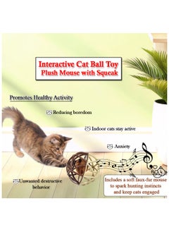 MAJIBAO Cat play ball with Plush mouse and Squeaker, Self-rolling cat toy for Indoor Cats and Kittens, 11 cm Interactive cat toy, Durable plastic Lightweight, Cat entertainment and Hunting ball toy (Brown)  - Image 4