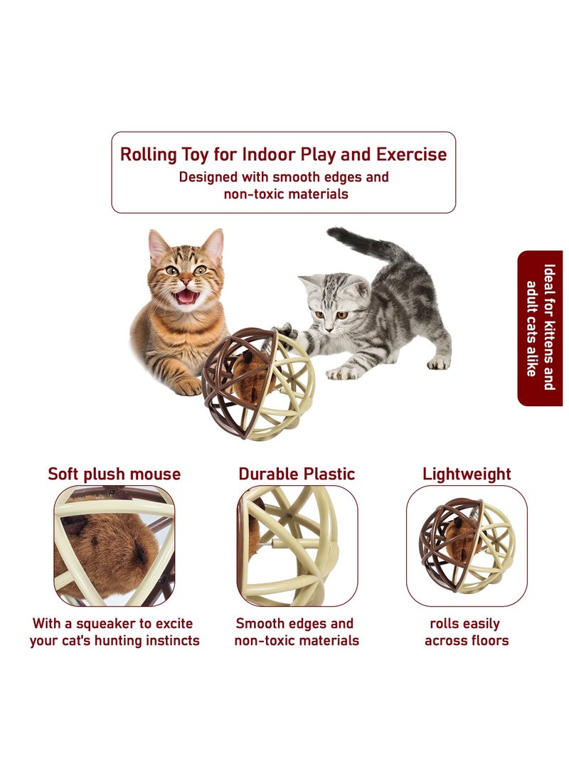 NNC PETS Cat play ball with Plush mouse and Squeaker, Self-rolling cat toy for Indoor Cats and Kittens, 11 cm Interactive cat toy, Durable plastic Lightweight, Cat entertainment and Hunting ball toy (Brown) - Image 3