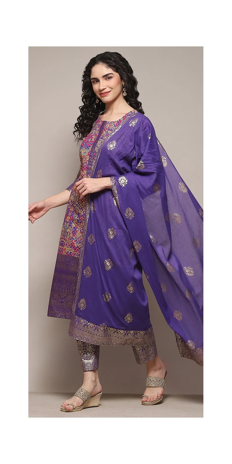 Biba Pink & Purple Voile Straight Printed Kurta Slim Pant Suit Set