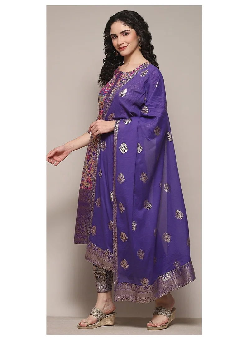 Biba Pink Pur Pink & Purple Voile Straight Printed Kurta Slim Pant Suit Set for Women | Best Price UAE