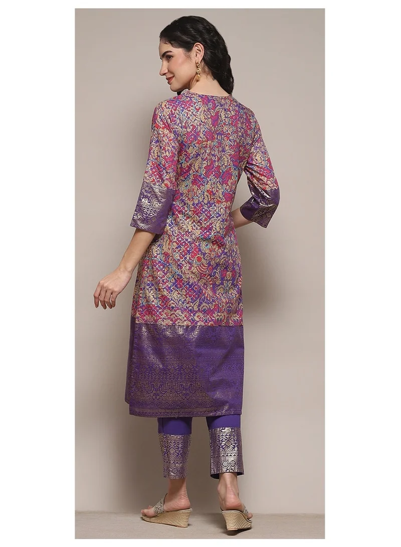 Biba Pink Pur Pink & Purple Voile Straight Printed Kurta Slim Pant Suit Set for Women | Best Price UAE