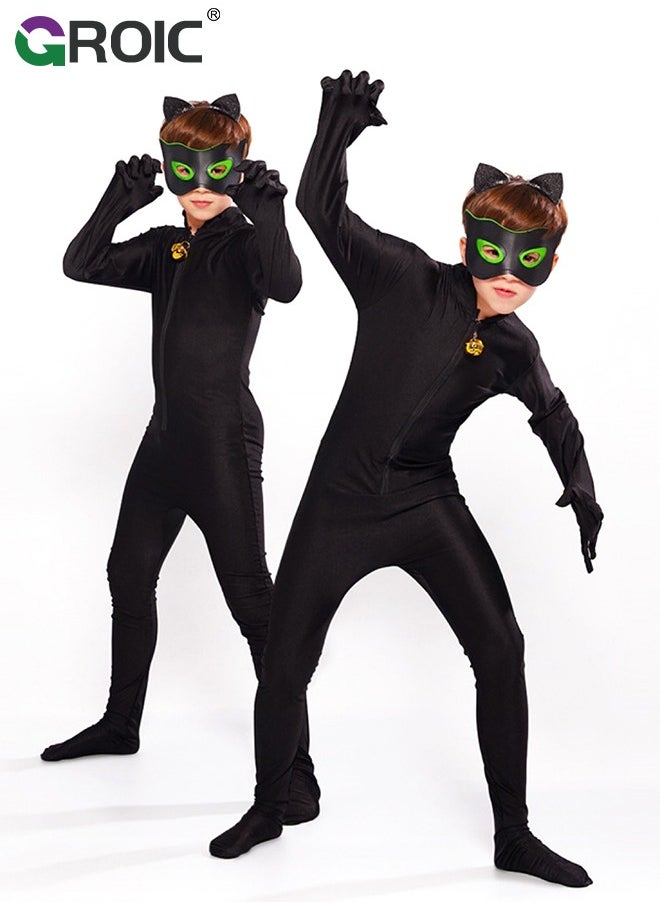GROIC 5PCS Miraculous Black Cat Costume Black Cat Cosplay Costume Kids Costume with Eye Mask, Ears, Bell, Tail  - Image 1
