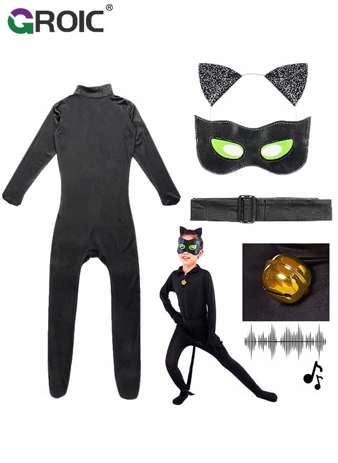 GROIC 5PCS Miraculous Black Cat Costume Black Cat Cosplay Costume Kids Costume with Eye Mask, Ears, Bell, Tail  - Image 4