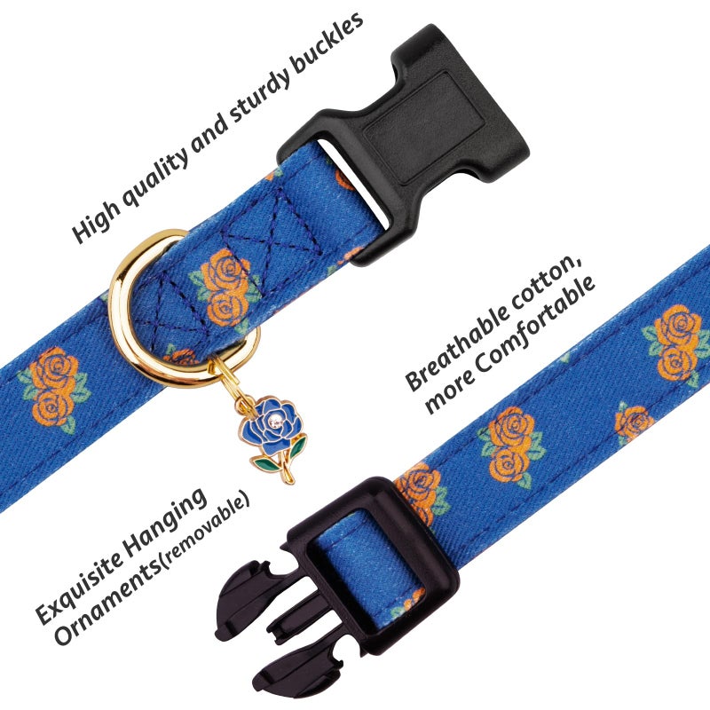 FYEQYAOU Cotton Handmade Dog Collar Cute and Distinctive Patterns Blue Rose with Pendant for Girl Boy Dogs Collars S - Image 2