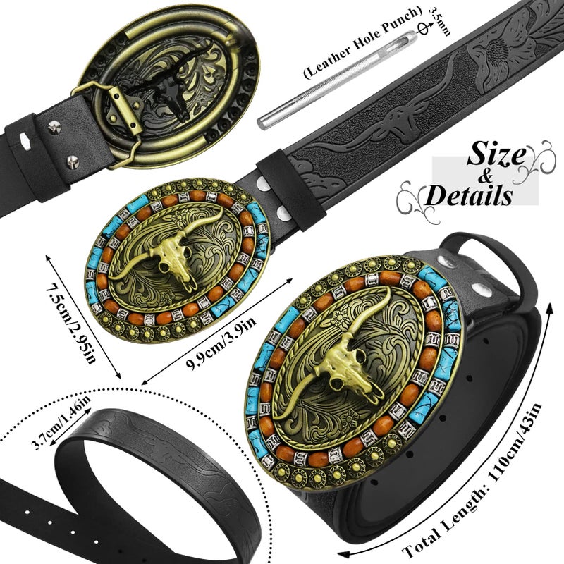 RechicGu Mens Western Leather Buckle Belt, Bull Head Engraved Black Cowboy Concho Belts With Long Horn Bull Buckles, 1-1/2 Inch Wide S Golden - Image 2