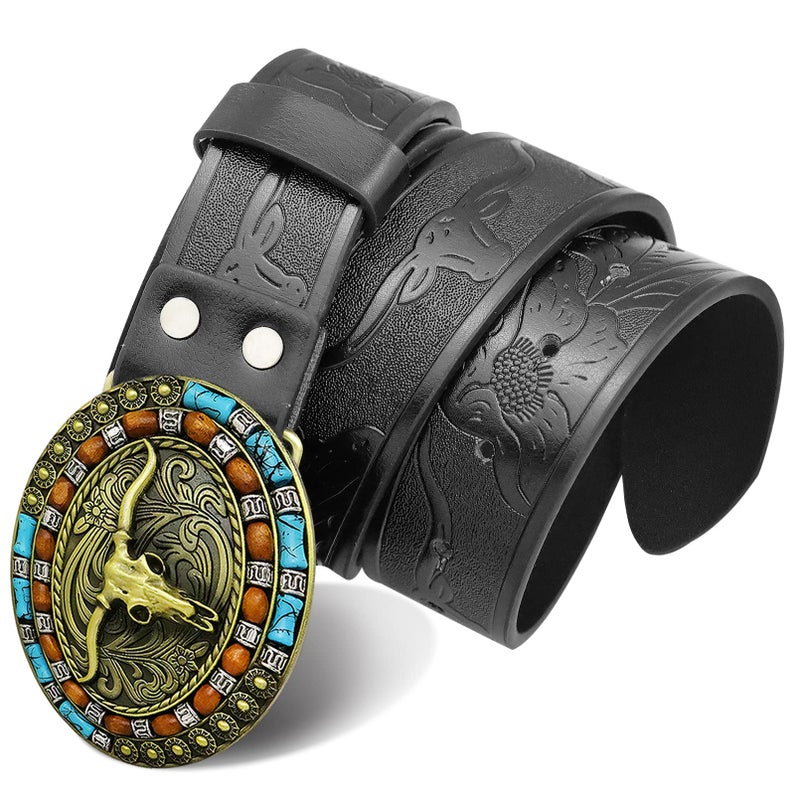 RechicGu Mens Western Leather Buckle Belt, Bull Head Engraved Black Cowboy Concho Belts With Long Horn Bull Buckles, 1-1/2 Inch Wide S Golden - Image 1