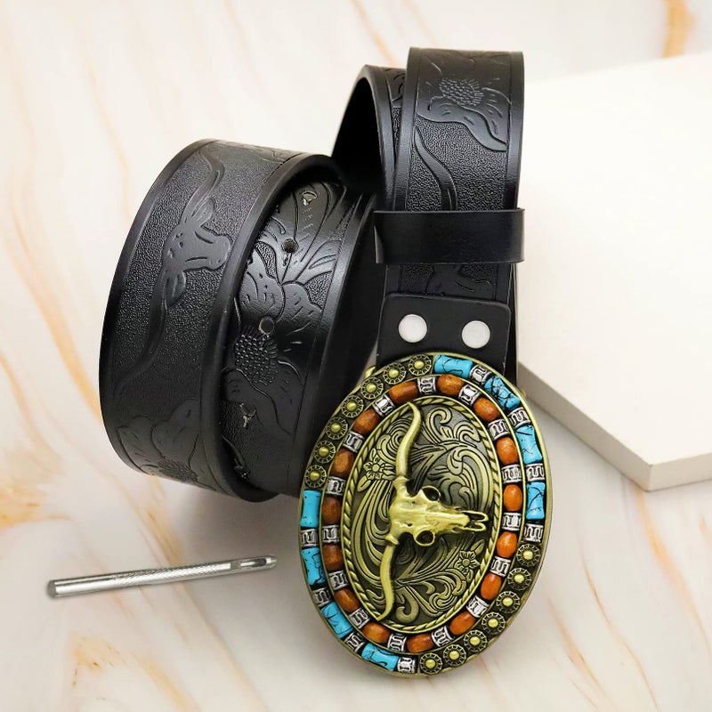 RechicGu Mens Western Leather Buckle Belt, Bull Head Engraved Black Cowboy Concho Belts With Long Horn Bull Buckles, 1-1/2 Inch Wide S Golden - Image 3
