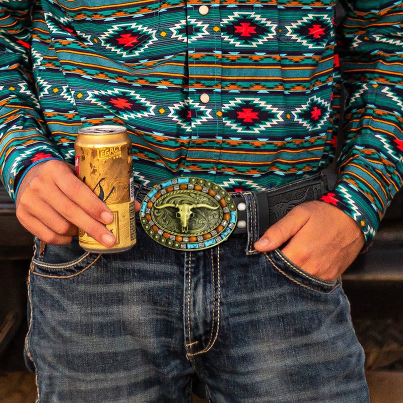 RechicGu Mens Western Leather Buckle Belt, Bull Head Engraved Black Cowboy Concho Belts With Long Horn Bull Buckles, 1-1/2 Inch Wide S Golden - Image 5
