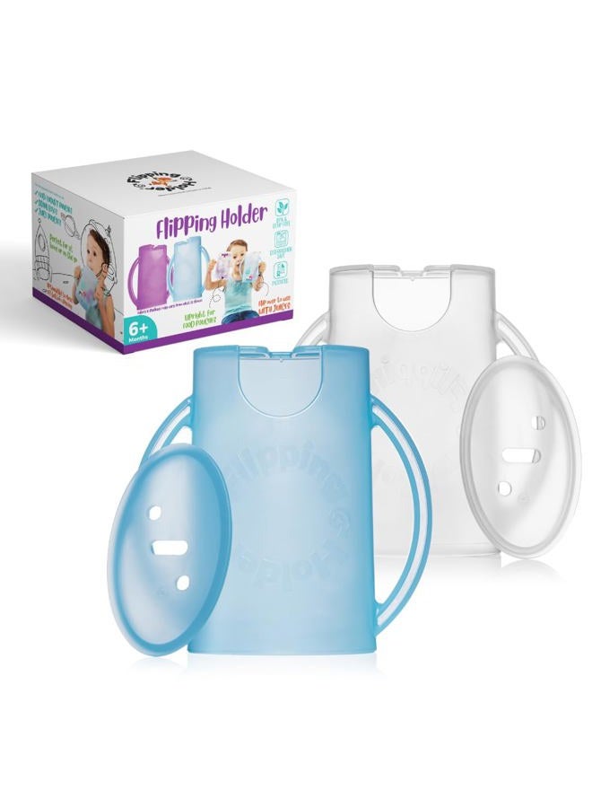 Flipping Holder حامل طعام مضغوط فاخر (عبوة 2 مع أغطية) لأكياس الطعام وصناديق العصير - متعدد الاستخدامات - يمنع الفوضى ويدعم التغذية الذاتية - مقابض سهلة الإمساك - صنع في الولايات المتحدة الأمريكية - Image 1