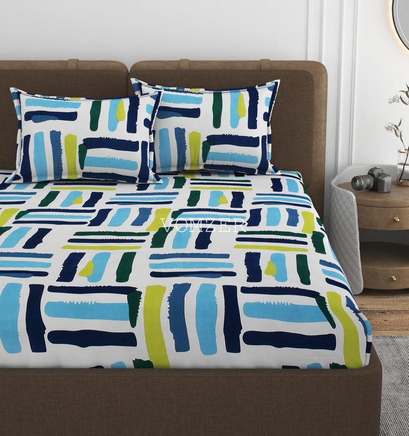 VOMZER 300 TC Cotton Feel All Around Elastic Fitted Queen Size Bedsheets, Supersoft Elastic Fitted Double Bedsheet with 2 Pillow Covers, Size 60x78x8 Inches (Brush N Lines) - Image 5