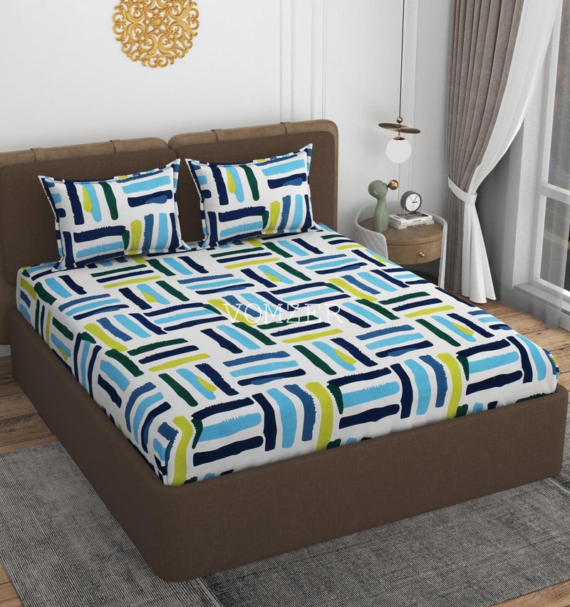 VOMZER 300 TC Cotton Feel All Around Elastic Fitted Queen Size Bedsheets, Supersoft Elastic Fitted Double Bedsheet with 2 Pillow Covers, Size 60x78x8 Inches (Brush N Lines) - Image 1