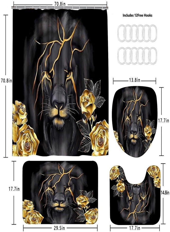 jieprom 4 Piece Black and Gold Shower Curtain Set with Rugs, Majestic Lion & Golden Rose Art, Luxury Aesthetic Waterproof Fabric Bathroom Decor, Non-Slip Mats & Toilet Lid Cover - Image 5