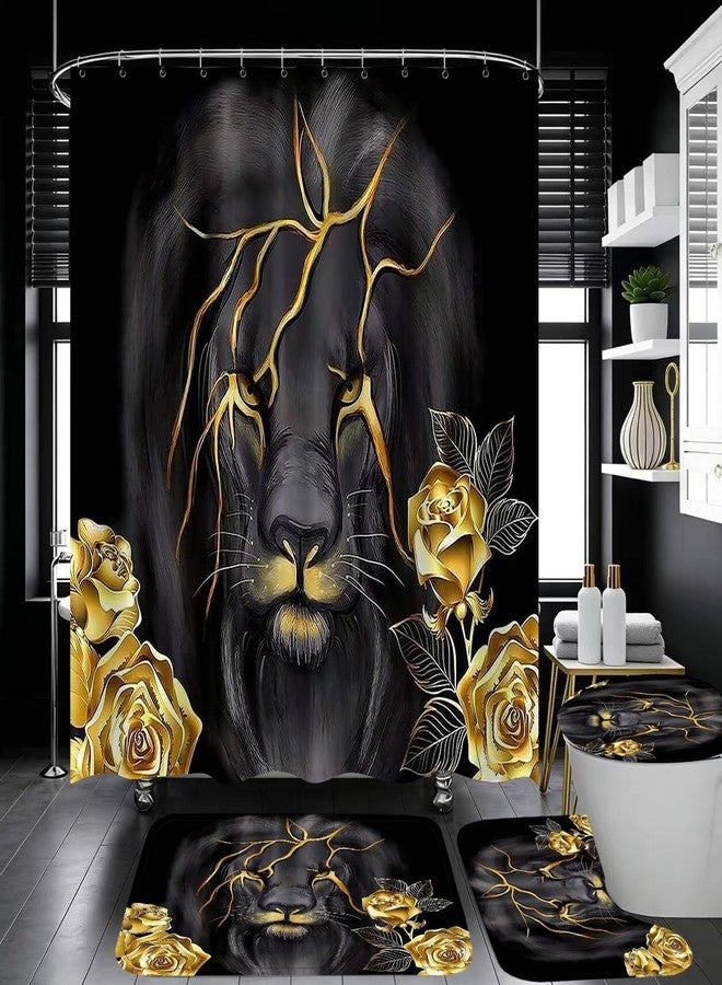 jieprom 4 Piece Black and Gold Shower Curtain Set with Rugs, Majestic Lion & Golden Rose Art, Luxury Aesthetic Waterproof Fabric Bathroom Decor, Non-Slip Mats & Toilet Lid Cover - Image 2