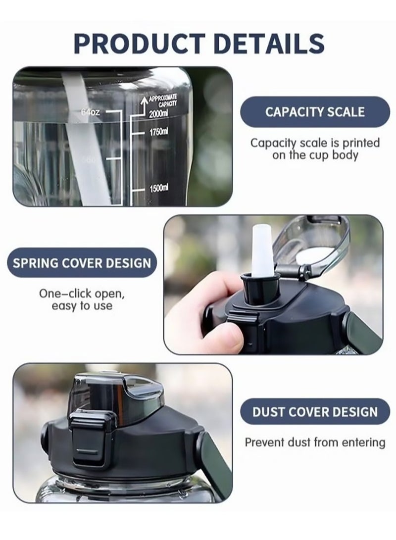 Arabest Water Bottle, 2000 ml Large Sports Water Cup with Removable Straw and Time Marking, Fitness Kettle for Running, Yoga, Camping - Image 2