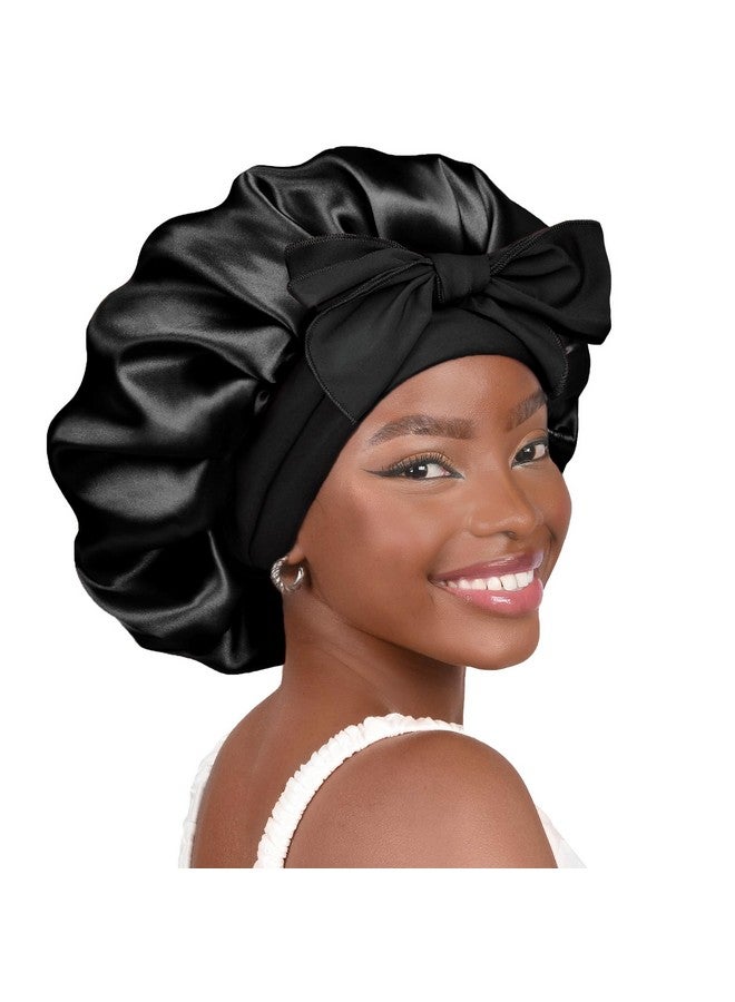 يانيبست غطاء رأس ساتان من YANIBEST، غطاء رأس حريري للنوم، مبطن بالساتان بطبقتين مع رباط شعر للنساء ذوات الشعر المجعد باللون الأسود - Image 1