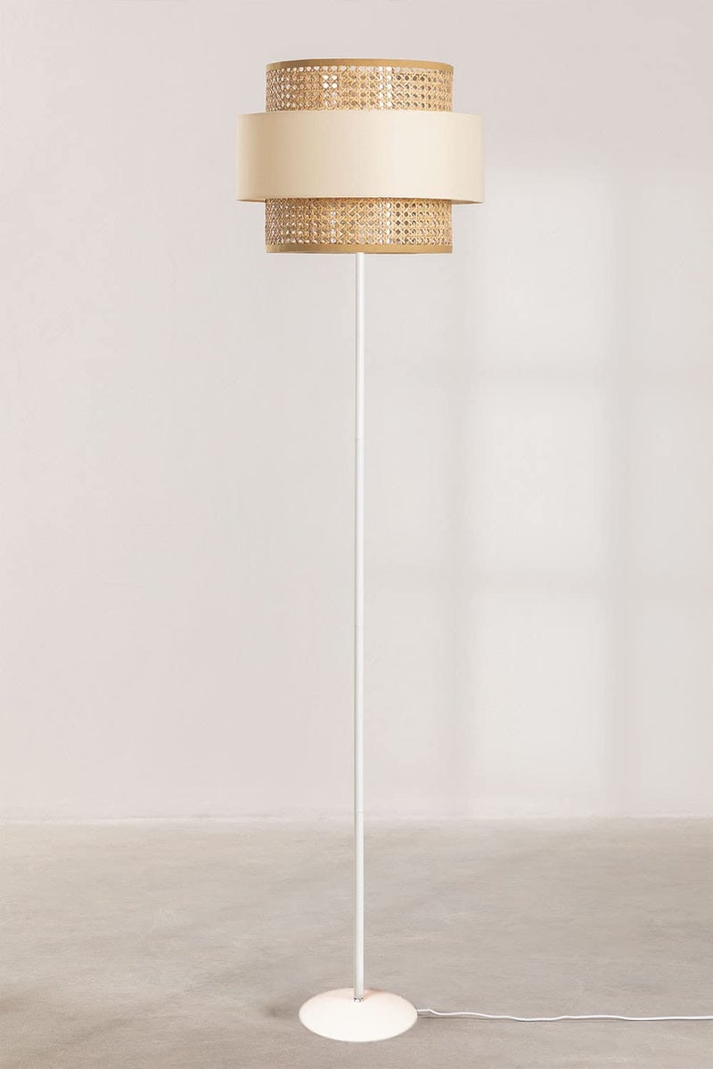AKWAY Rattan Cane Webbing Led Floor Lamp Bamboo Floor Lamp Cane Standing Lamp Wooden Standing Lamp For Living Room Bedroom (14" D X 12")(White Stand) (Beige) - Image 1